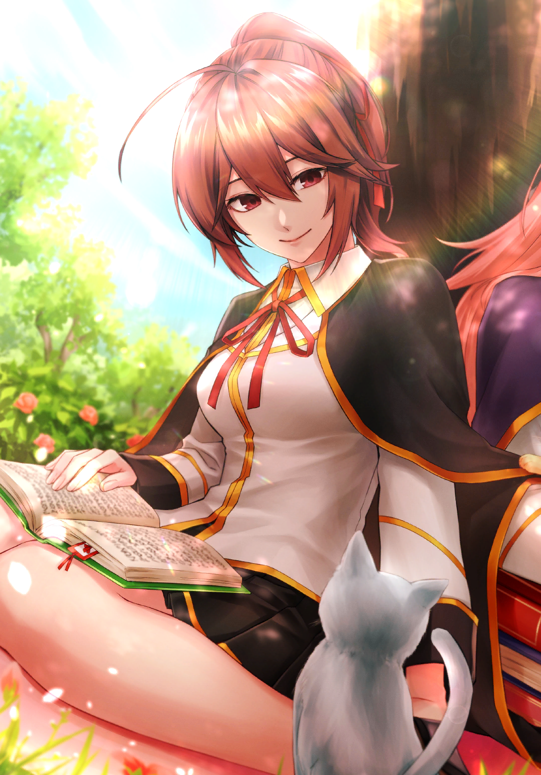 2girls ahoge black_cape blazblue blazblue_alternative:_dark_war blazblue_phase_0 book book_on_lap book_stack bow breasts brown_eyes brown_hair cape cat celica_a._mercury garden grass hair_between_eyes hair_ribbon highres konoe_a._mercury medium_breasts miniskirt multiple_girls official_art out_of_frame pink_hair pleated_skirt ponytail purple_cape reading red_ribbon ribbon school_uniform siblings sisters skirt smile sunlight tree under_tree
