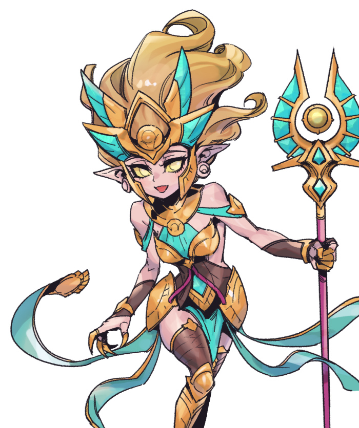 1girl :d bare_shoulders breasts brown_thighhighs claws colored_sclera detached_sleeves earrings feet_out_of_frame guardian_of_the_sand_janna hair_ornament hair_up holding holding_staff janna_(league_of_legends) jewelry league_of_legends long_hair medium_breasts open_mouth phantom_ix_row pointy_ears shiny_skin simple_background smile solo staff thighhighs white_background yellow_eyes yellow_sclera