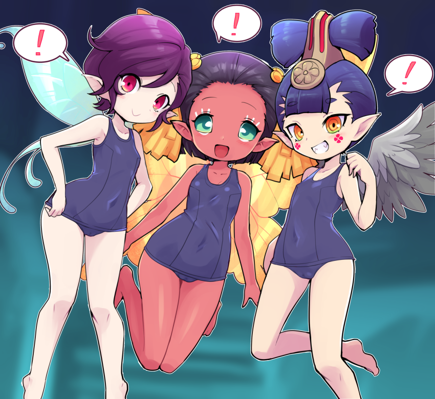 ! 3girls amanozako_(megami_tensei) bare_legs black_hair blue_hair blue_one-piece_swimsuit breasts cameltoe center-flap_bangs colored_skin covered_erect_nipples covered_navel fairy fairy_wings feathered_wings flat_chest green_eyes hands_on_own_hips hua_po_(megami_tensei) multiple_girls nollety one-piece_swimsuit pixie_(megami_tensei) pointy_ears purple_eyes purple_hair red_skin school_swimsuit shin_megami_tensei shin_megami_tensei_v small_breasts spoken_exclamation_mark swimsuit tengu wide_hips wings yellow_eyes