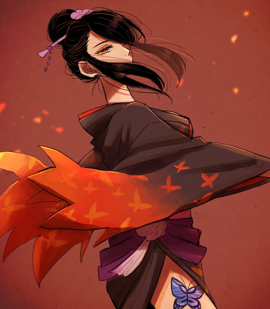 1girl black_hair black_kimono brown_eyes butterfly_tattoo covered_mouth cowboy_shot from_side hair_bun hair_ornament hair_over_one_eye hairpin japanese_clothes kimono leg_tattoo looking_at_viewer loose_hair_strand nouhime_(sengoku_basara) red_background robingdon sengoku_basara sidelocks simple_background solo tattoo wide_sleeves