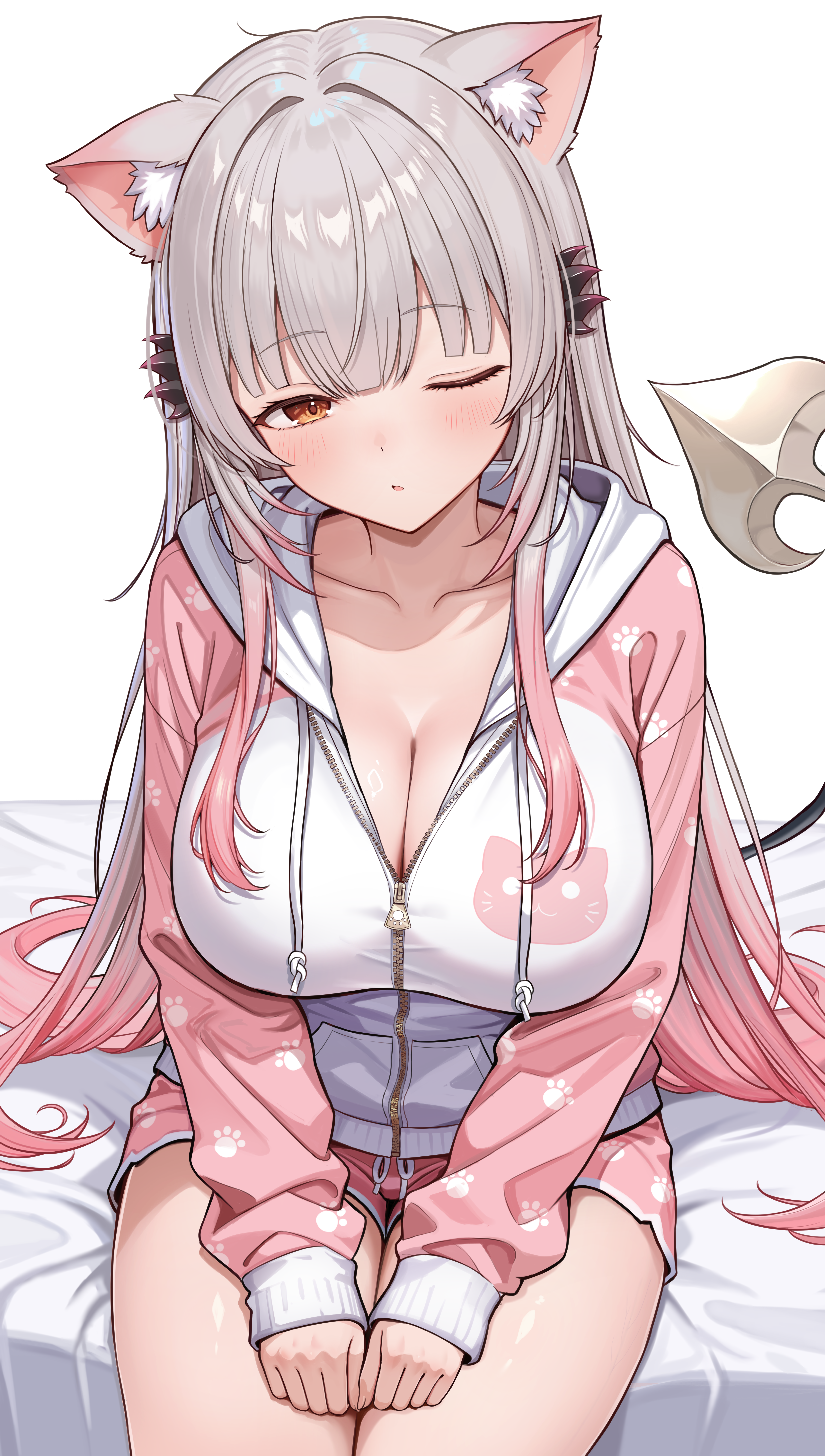 1girl absurdres animal_ear_fluff animal_ears animal_print bed_sheet blunt_bangs blush breasts brown_eyes cat_print cleavage collarbone cowboy_shot daysss demon_tail gradient_hair grey_hair hair_spread_out half-closed_eye hands_on_own_legs highres hood hood_down hooded_jacket indie_virtual_youtuber jacket large_breasts legs_together long_hair long_sidelocks long_sleeves looking_at_viewer multicolored_hair one_eye_closed parted_lips partially_unzipped paw_print pink_hair pink_jacket pink_shorts print_jacket print_shorts short_shorts shorts sidelocks simple_background sitting sleeves_past_wrists solo straight_hair suou_patra tail tail_raised two-tone_hair very_long_hair virtual_youtuber white_background white_jacket zipper