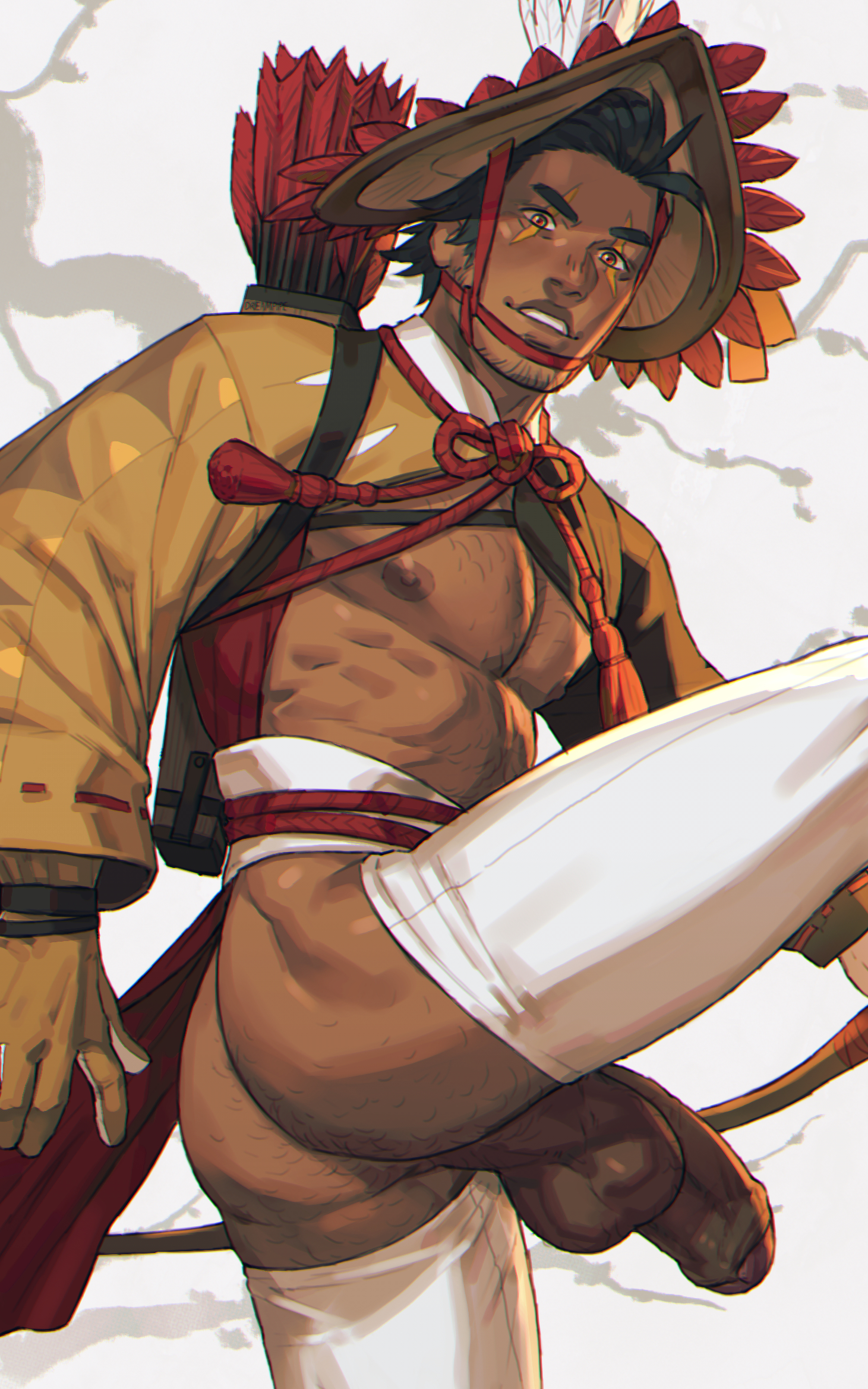 1boy amigasa ass ass_hair bara bare_pectorals black_hair commentary dark-skinned_male dark_skin dreamplpe english_commentary flaccid foreskin hat highres hisuian_decidueye japanese_clothes large_pectorals looking_at_viewer male_focus muscular muscular_male nintendo nipples parted_lips pectorals penis perineum personification pokemon quiver red_eyes short_hair solo sparse_chest_hair testicles variant_set