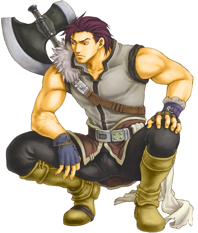 1boy axe battle_axe boots fire_emblem fire_emblem:_the_blazing_blade full_body geitz_(fire_emblem) gloves izuka_daisuke male_focus nintendo official_art purple_eyes purple_hair scar simple_background solo weapon white_background