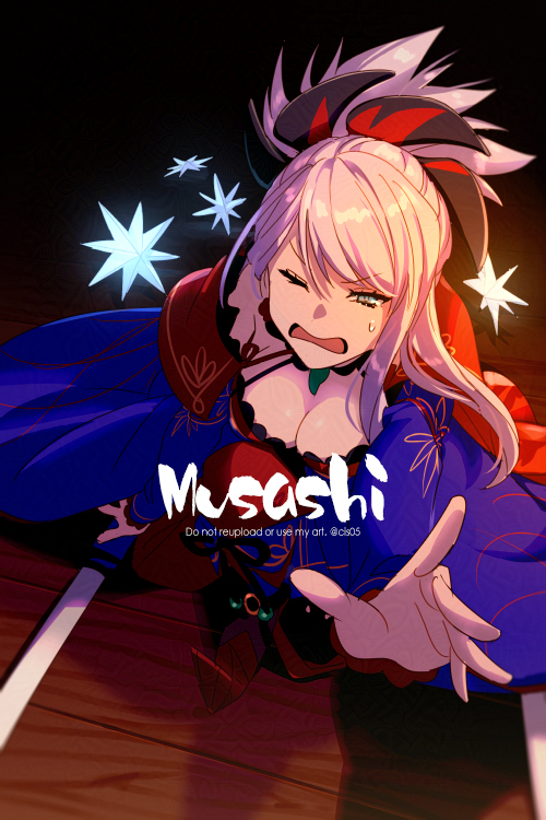 1girl blue_eyes blue_kimono blush breasts character_name echo_(circa) fate/grand_order fate_(series) hair_ornament japanese_clothes katana kimono large_breasts long_hair long_sleeves looking_at_viewer magatama miyamoto_musashi_(fate) miyamoto_musashi_(third_ascension)_(fate) off_shoulder one_eye_closed open_mouth outstretched_arm pink_hair ponytail solo swept_bangs sword weapon wide_sleeves