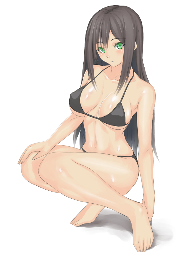10s 1girl barefoot bikini black_bikini black_hair female_focus full_body green_eyes koi_to_senkyo_to_chocolate long_hair muffin_(sirumeria) navel shinonome_satsuki simple_background solo swimsuit white_background
