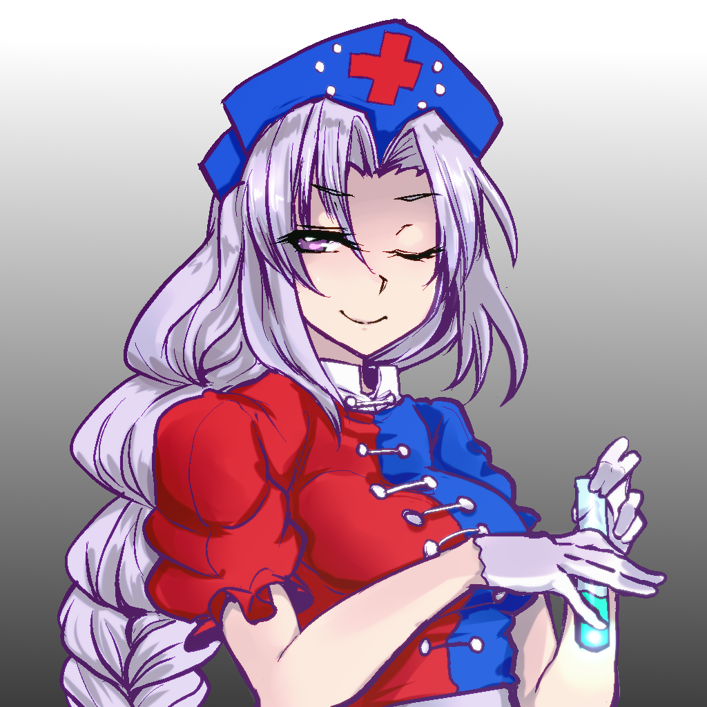 1girl braid high_ponytail holding holding_test_tube long_hair looking_at_viewer mengnaidu ponytail portrait purple_eyes shirt solo test_tube touhou white_shirt yagokoro_eirin