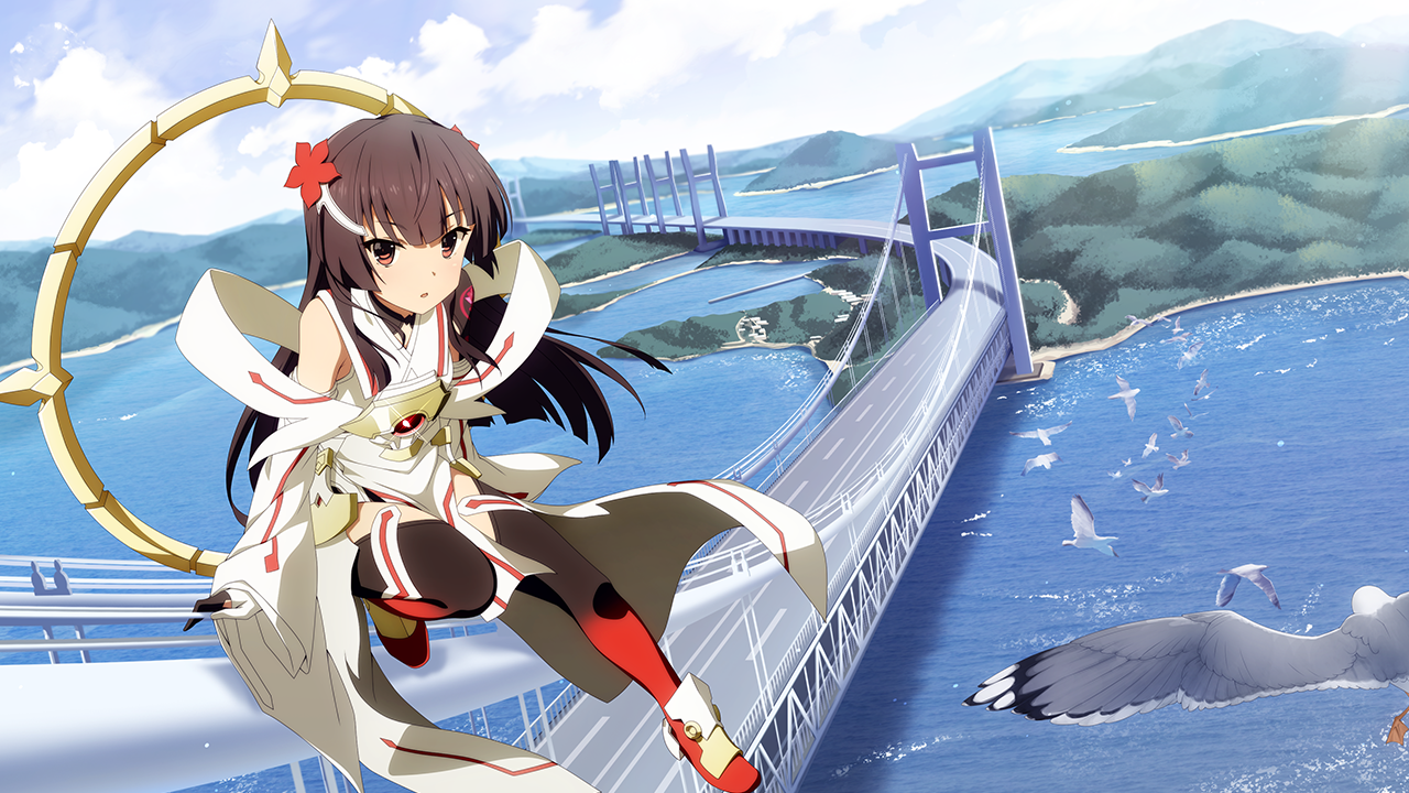 1girl animal armor armored_dress bird black_thighhighs blunt_bangs bridge brown_hair cable-stayed_bridge cloud cosplay day dress flying game_cg gradient_legwear hair_ornament hime_cut island juujou_hiyori long_hair looking_at_viewer magical_girl miyoshi_karin miyoshi_karin_(cosplay) ocean official_art orange_eyes outdoors parted_bangs red_thighhighs seagull sky solo thighhighs toji_no_miko toji_no_miko:_kizamishi_issen_no_tomoshibi water yuuki_yuuna_wa_yuusha_de_aru yuusha_de_aru