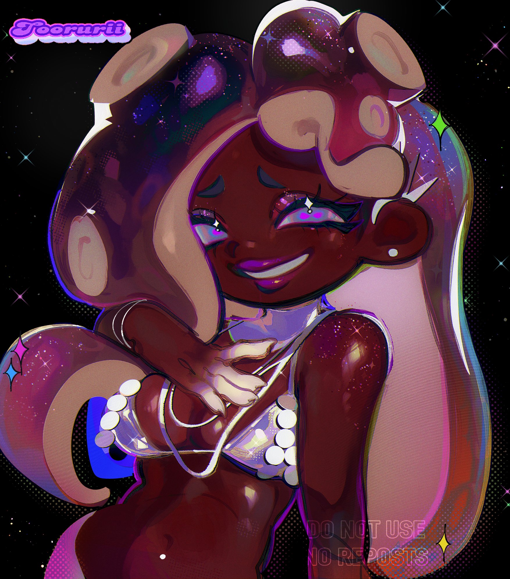 1girl bikini bikini_top_only black_hair breasts cephalopod_eyes cleavage commentary commentary_request dark-skinned_female dark_skin english_commentary eyelashes glitter gradient_hair grey_bikini highres long_hair looking_at_viewer marina_(grand_festival)_(splatoon) marina_(splatoon) medium_breasts multicolored_hair nintendo octoling official_alternate_costume pink_hair purple_lips smile splatoon_(series) splatoon_2 suction_cups swimsuit tentacle_hair torurii upper_body very_dark_skin watermark