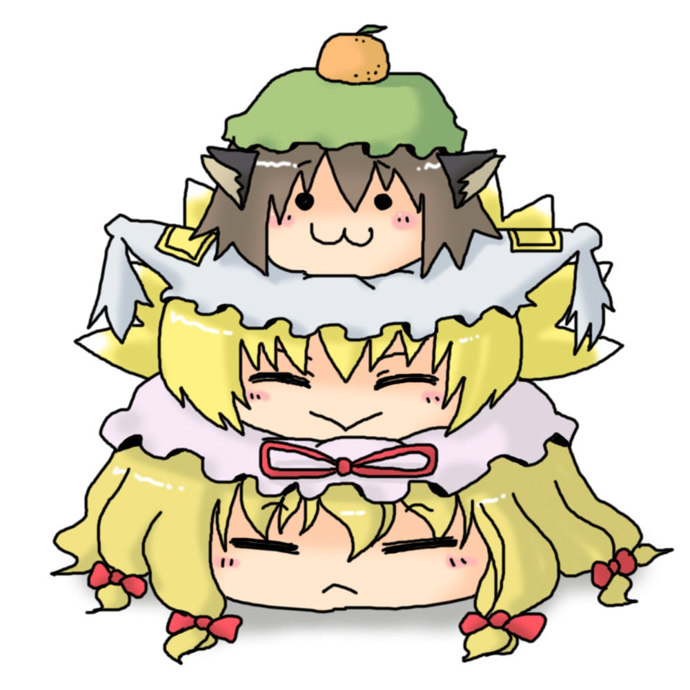 3girls :3 abekawa animal_ears bow cat_ears chen closed_eyes closed_mouth commentary_request fox_tail green_hat hair_bow hat hat_ribbon kagami_mochi looking_at_viewer mob_cap multiple_girls multiple_hair_bows multiple_tails red_bow red_ribbon ribbon smile tail touhou white_hat yakumo_ran yakumo_yukari yukkuri_shiteitte_ne