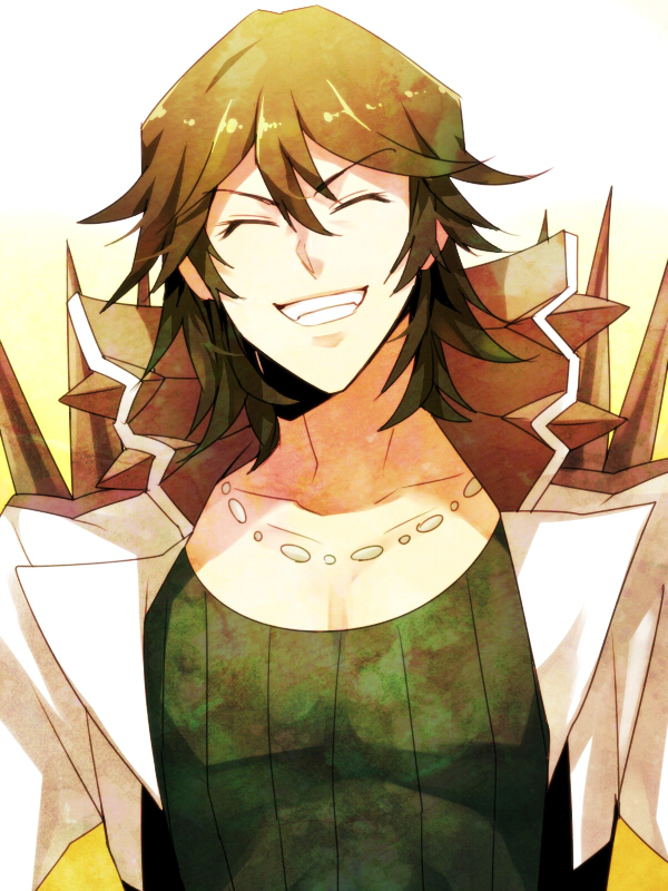 10s 1boy bad_id bad_pixiv_id coat closed_eyes green_hair grin jewelry kill_la_kill male_focus mojya necklace sanageyama_uzu smile solo spikes