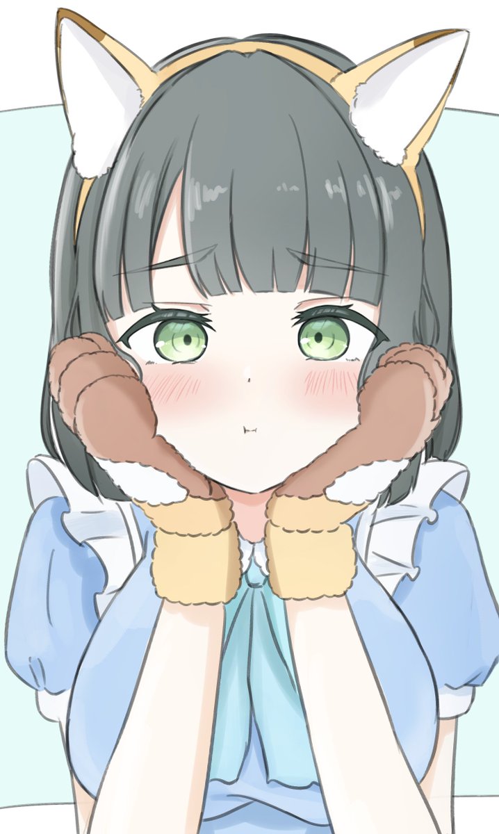 1girl :i animal_ear_hairband animal_ears animal_hands apron blue_background blue_dress blue_ribbon blunt_bangs blunt_ends blush breasts check_commentary cheek_press closed_mouth collared_dress commentary_request dress fake_animal_ears fox_ears frilled_apron frills gloves green_eyes green_hair hairband hands_on_own_cheeks hands_on_own_face highres iroha_(nami3) large_breasts link!_like!_love_live! looking_at_viewer love_live! momose_ginko momose_ginko_(animal_cafe) neck_ribbon official_alternate_costume orange_hairband paw_gloves puffy_short_sleeves puffy_sleeves ribbon short_hair short_sleeves simple_background straight-on upper_body virtual_youtuber
