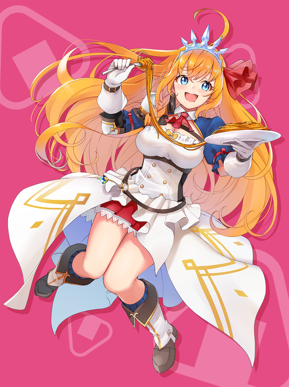 1girl ahoge ascot blue_eyes blue_sleeves braid breasts food hair_ribbon highres large_breasts onigiri orange_hair pasta pecorine_(princess_connect!) princess_connect! red_ascot red_ribbon retsuna ribbon shrug_(clothing) side_braid solo spaghetti tiara