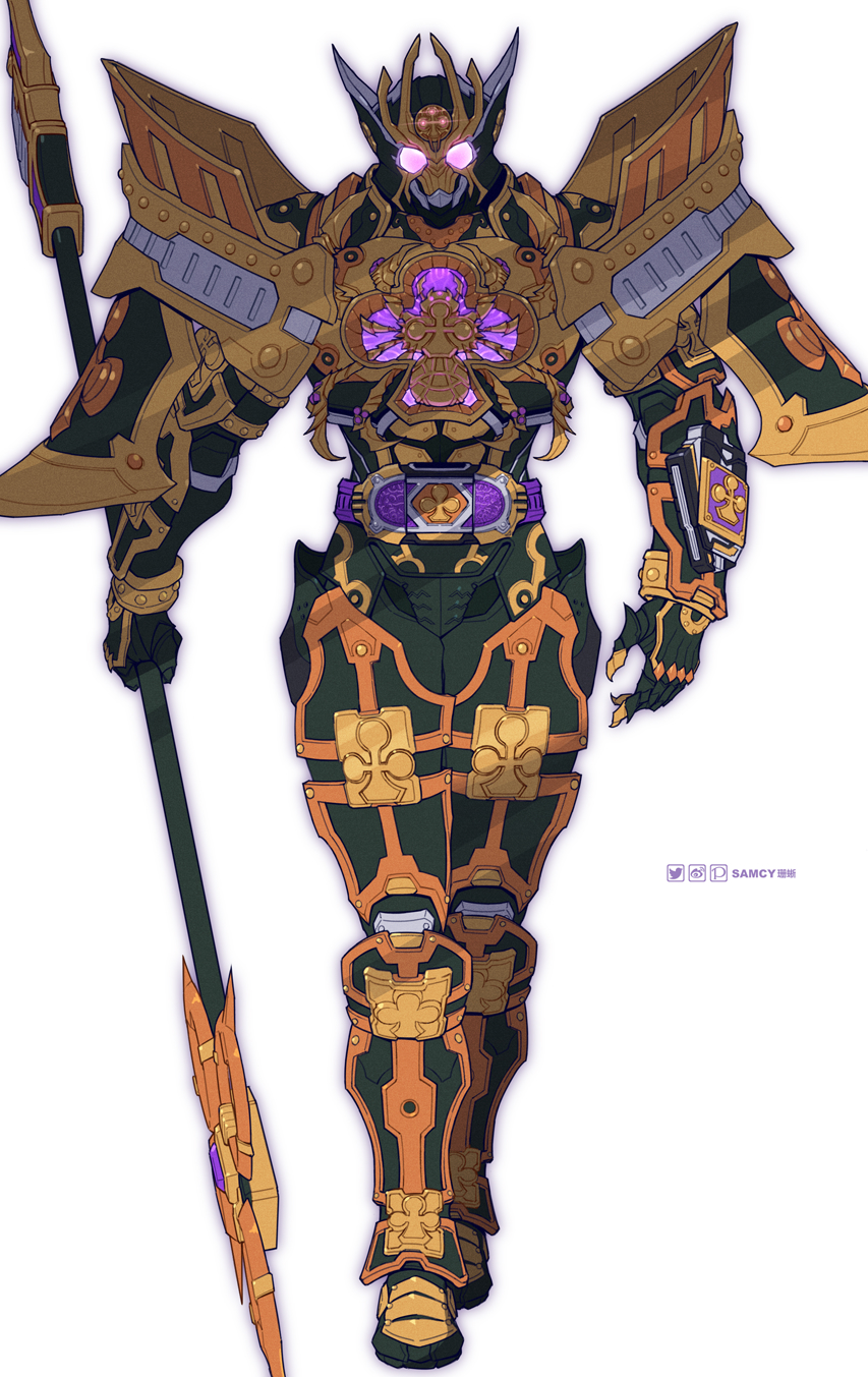 1boy armor belt full_armor full_body highres holding holding_weapon kamen_rider kamen_rider_blade_(series) kamen_rider_leangle kamen_rider_leangle_(king_form) simple_background tokusatsu tongzhen_ganfan weapon white_background