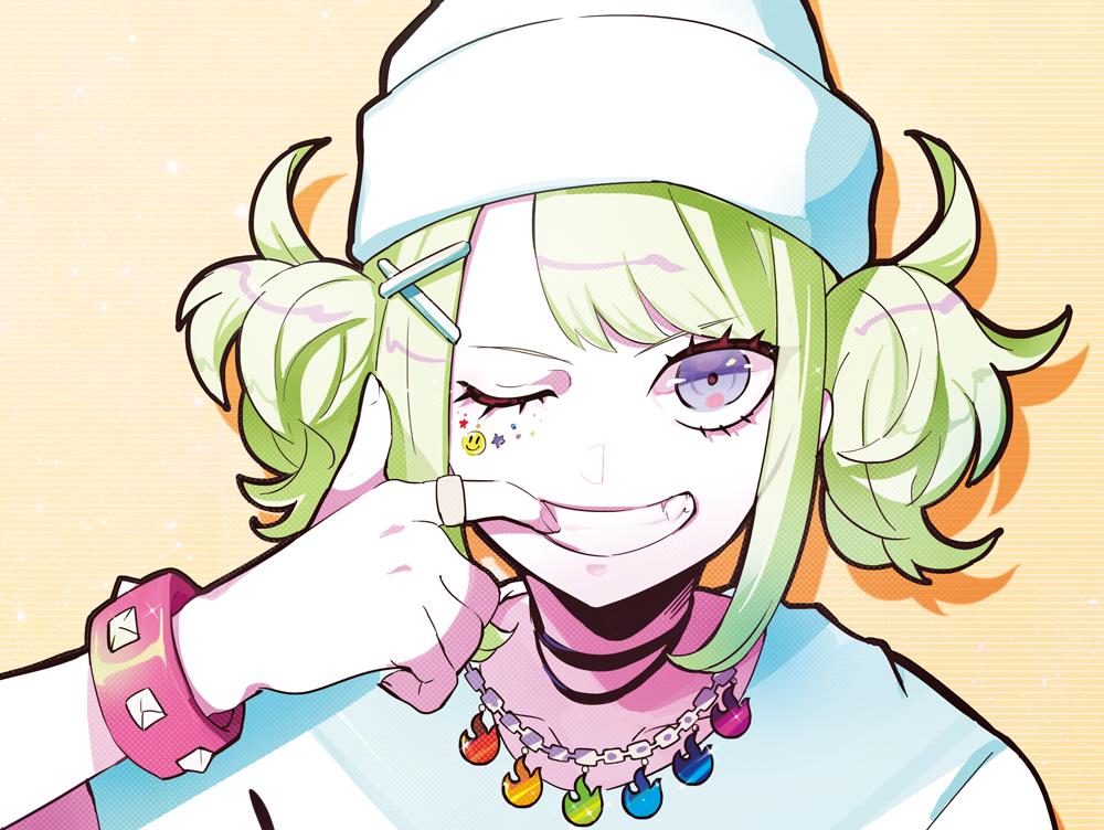 1girl beanie blonde_hair blue_eyes bracelet english_text hair_ornament hat jewelry necklace one_eye_closed original puppeteer7777 shirt short_hair short_sleeves short_twintails solo t-shirt twintails white_shirt x_hair_ornament