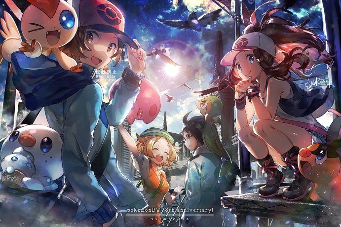 &gt;_o 2boys 2girls anniversary baseball_cap bianca_(pokemon) black_hair breasts brown_hair cheren_(pokemon) closed_mouth commentary_request copyright_name dated denim denim_shorts fangs gen_5_pokemon glasses hat hilbert_(pokemon) hilda_(pokemon) legendary_pokemon long_hair looking_at_viewer multiple_boys multiple_girls munna mythical_pokemon naru_(andante) nintendo one_eye_closed open_mouth oshawott pidove poke_ball_print pokemon pokemon_(creature) pokemon_bw short_hair shorts signature sitting smile snivy starter_pokemon_trio tepig vanillite vest victini