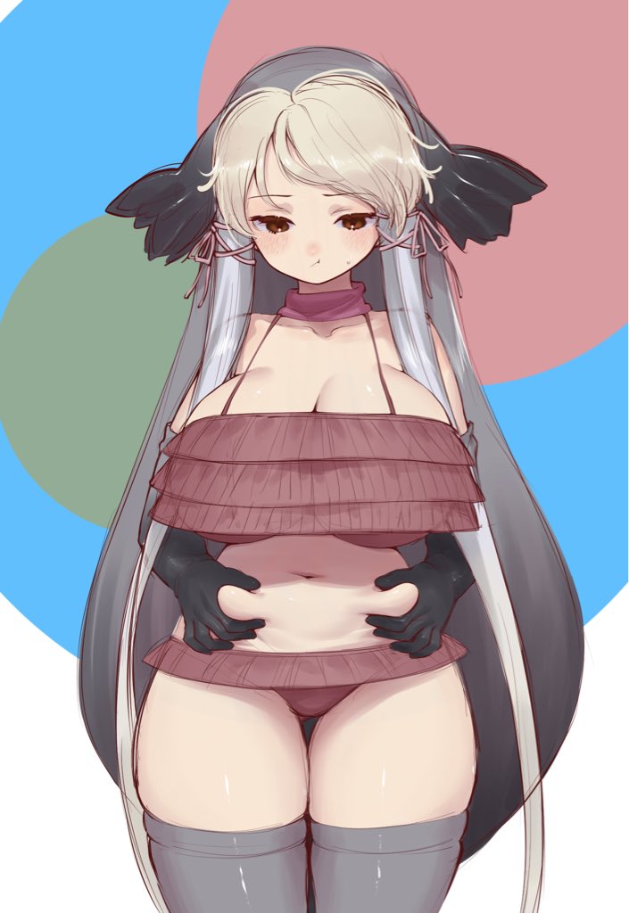 1girl blush breasts brown_eyes choker cleavage gloves grey_hair kemono_friends kneehighs large_breasts long_hair multicolored_hair navel notora ribbon simple_background socks solo straight_hair swimsuit two-tone_hair walrus_(kemono_friends)