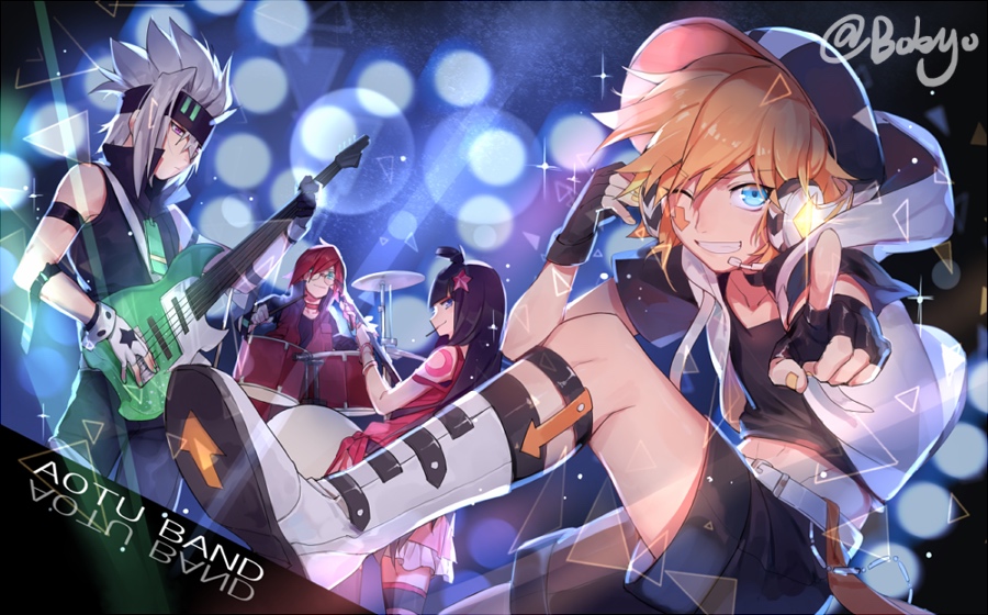 1girl 3boys alternate_costume aotu_world artist_name baseball_cap bass_guitar black_gloves black_hair black_hat black_jacket black_shirt black_shorts blonde_hair blue_eyes bokyo boots copyright_name drum drum_set drumsticks electric_guitar english_text facial_mark fingerless_gloves gloves grey_(aotu_world) grey_hair grin guitar hat headband headphones headset hood hoodie idol instrument jacket kaili_(aotu_world) king_(aotu_world) long_hair looking_at_viewer microphone multiple_boys one_eye_closed phantom.s playing_guitar playing_instrument pointing red_hair shirt short_hair shorts smile spiked_hair white_boots white_hair