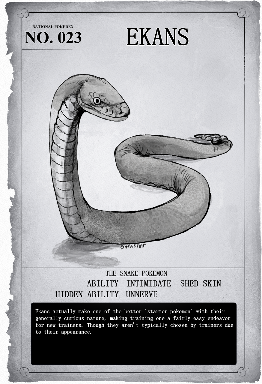 animal_focus artist_name border character_name closed_mouth commentary ekans english_commentary english_text full_body gen_1_pokemon grey_background greyscale highres monochrome nintendo no_humans otiksimr paper pokedex_number pokemon pokemon_(creature) pokemon_ability snake solo torn_paper white_background white_border
