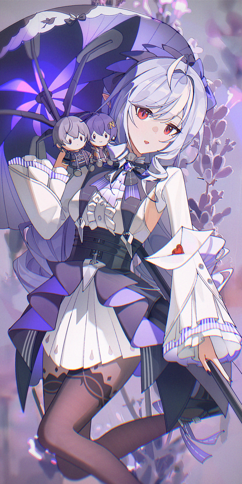 1girl ascot belle_(zenless_zone_zero) black_bow black_bowtie black_nails black_pantyhose black_shoes black_skirt bow bowtie breasts center_frills character_doll dress frills gleam_lin_shi hair_bow highres holding holding_umbrella large_breasts long_hair long_sleeves looking_at_viewer multicolored_hair nail_polish objectification overskirt pantyhose parasol parted_lips patterned_legwear pointy_ears purple_ascot purple_bow purple_bowtie purple_hair purple_umbrella red_eyes shoes skirt solo streaked_hair umbrella very_long_hair vivian_(zenless_zone_zero) white_dress wise_(zenless_zone_zero) zenless_zone_zero
