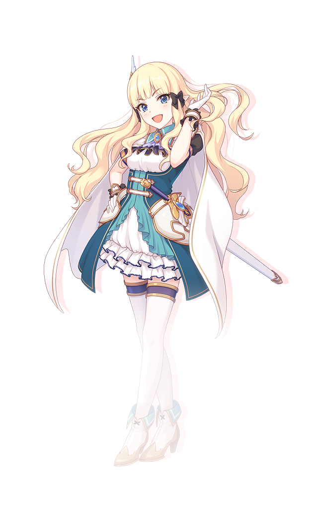 1girl :d black_bow blonde_hair blue_eyes blush bow breasts collared_dress dress drop_shadow floating_hair framed_breasts frilled_dress frills full_body gloves hair_bow hand_on_own_hip hand_up high_heels long_hair looking_at_viewer official_art open_mouth princess_connect! saren_(princess_connect!) short_sleeves simple_background smile solo standing sword tachi-e transparent_background weapon white_gloves white_high_heels wing_collar