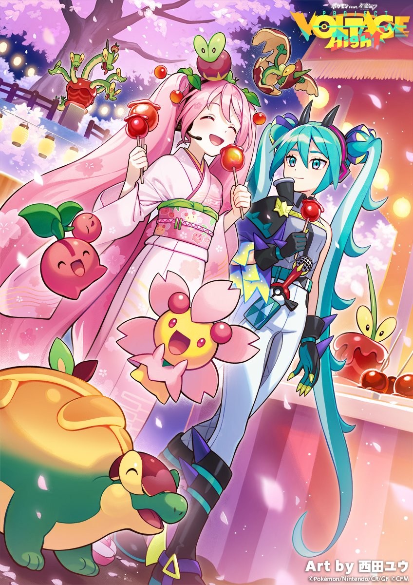 appletun applin aqua_eyes aqua_hair black_gloves cherrim cherrim_(sunshine) cherry cherry_blossoms cherry_hair_ornament cherubi detached_sleeves dipplin dragon_miku_(project_voltage) evolutionary_line fake_horns flapple flower food food-themed_hair_ornament fruit gen_4_pokemon gen_8_pokemon gloves hair_between_eyes hair_bun hair_ornament hatsune_miku highres holding horns hydrapple japanese_clothes kimono long_hair multicolored_hair nintendo nishida_yuu obi official_art open_mouth pants pink_hair pink_kimono pokemon pokemon_(creature) project_voltage sakura_miku sash shirt smile thighhighs twintails very_long_hair vocaloid yukata