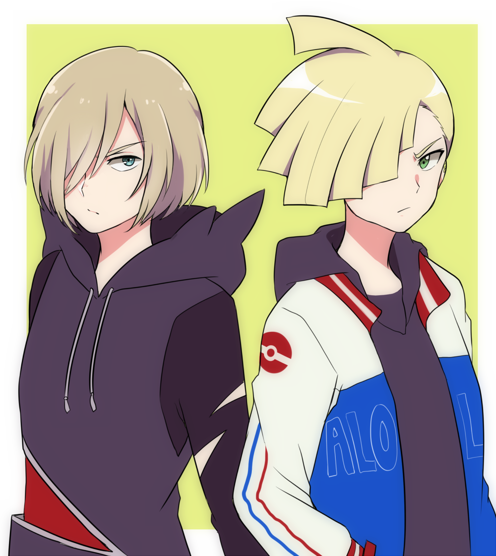 2boys alpakappa black_hoodie blonde_hair cosplay costume_switch crossover gladion_(pokemon) gladion_(pokemon)_(cosplay) green_eyes hair_over_one_eye hood hoodie jacket looking_at_viewer male_focus multiple_boys nintendo pokemon pokemon_sm track_jacket yuri!!!_on_ice yuri_plisetsky yuri_plisetsky_(cosplay)