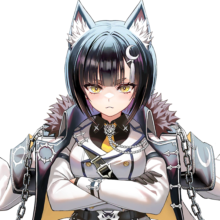 1girl :&lt; aiguillette animal_ear_fluff animal_ears armband belt black_armband black_belt black_gloves black_hair blunt_bangs bob_cut breasts buttons chain closed_mouth coat coat_on_shoulders crescent crescent_hair_ornament crescent_print crossed_arms eyelashes female_focus fur-trimmed_coat fur_trim game_cg gloves hair_ornament hairclip high_collar jacket last_origin looking_at_viewer medium_breasts necktie official_art open_clothes open_coat short_hair straight-on sun_print taesi thick_eyebrows transparent_background upper_body vargr_(last_origin) wolf_ears wolf_girl yellow_eyes yellow_necktie