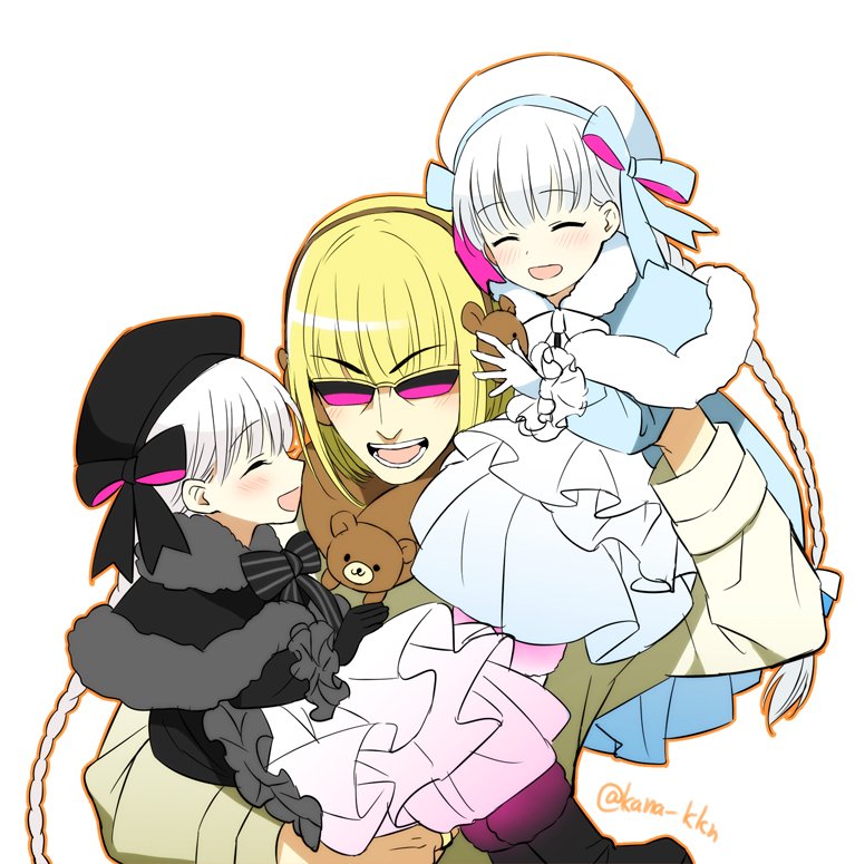 1boy 2girls alice_(fate) blonde_hair braid earmuffs fate/grand_order fate_(series) hat kana long_hair multiple_girls nursery_rhyme_(fate) nursery_rhyme_(fate/grand_order) sakata_kintoki_(fate) sunglasses twin_braids white_hair