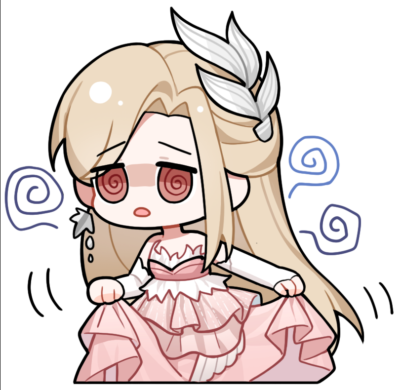 1girl @_@ artist_request bare_shoulders blonde_hair bridal_gauntlets brown_eyes chibi cropped_legs dizzy dress earrings fairytale_swan_(infinity_nikki) feather-trimmed_dress feather_earrings feather_hair_ornament feathers frilled_dress frills gown hair_ornament infinity_nikki jewelry long_hair motion_lines nikki_(series) official_art open_mouth parted_bangs pink_dress single_earring skirt_hold solo sprite strapless strapless_dress transparent_background very_long_hair white_bridal_gauntlets
