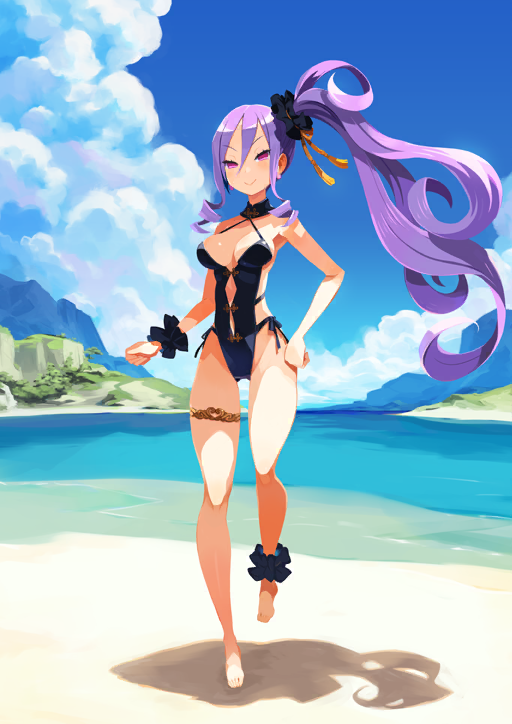 1girl ankle_scrunchie arm_at_side bare_arms bare_shoulders barefoot beach black_choker black_one-piece_swimsuit blue_sky breasts choker cleavage clenched_hands closed_mouth clothing_cutout cloud double-parted_bangs earrings fate/grand_order fate_(series) floating_hair full_body game_cg gluteal_fold gold_thighlet groin hair_between_eyes hair_ornament hair_scrunchie halterneck hand_on_own_hip harada_takehito high_side_ponytail highleg highleg_one-piece_swimsuit horizon jewelry leg_up long_hair long_sidelocks looking_at_viewer medium_breasts navel_cutout ocean official_art one-piece_swimsuit pankou pink_eyes purple_hair sand scrunchie side-tie_one-piece_swimsuit sideless_outfit sidelocks sky smile solo spaghetti_strap standing standing_on_one_leg stomach_cutout swimsuit thighlet third-party_source toes variant_set very_long_hair wrist_scrunchie wu_zetian_(fate) wu_zetian_(swimsuit_caster)_(fate) wu_zetian_(swimsuit_caster)_(first_ascension)_(fate)