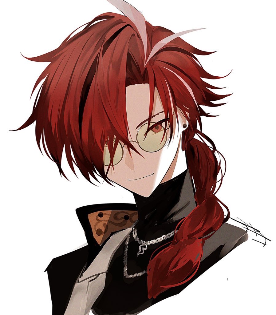 1boy black_hair braid earrings eyebrow_cut fate/grand_order fate_(series) glasses hair_over_one_eye jacket jewelry long_hair male_focus multicolored_hair necklace official_alternate_costume ponytail portrait red_eyes red_hair round_eyewear simple_background solo streaked_hair takasugi_shinsaku_(fate) turtleneck white_background white_hair yui_(linaw-key08)