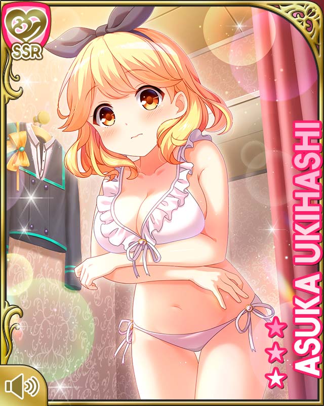 1girl bare_legs barefoot bikini black_ribbon blonde_hair breasts brown_eyes card_(medium) closed_mouth day embarrassed girlfriend_(kari) hair_ribbon indoors medium_breasts official_art qp:flapper ribbon shopping short_hair solo standing swimsuit tagme ukihashi_asuka white_bikini