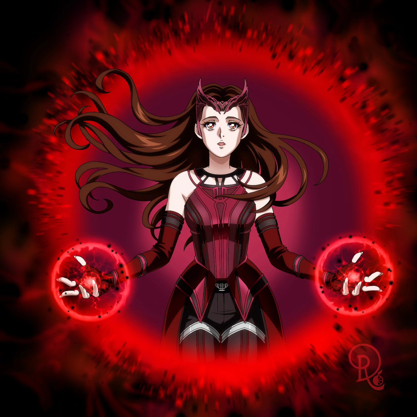 1girl breasts brown_eyes brown_hair commentary commission cowboy_shot drachea_rannak elbow_gloves english_commentary fingerless_gloves gloves highres long_hair magic marvel marvel_cinematic_universe medium_breasts scarlet_witch solo tiara wandavision watermark