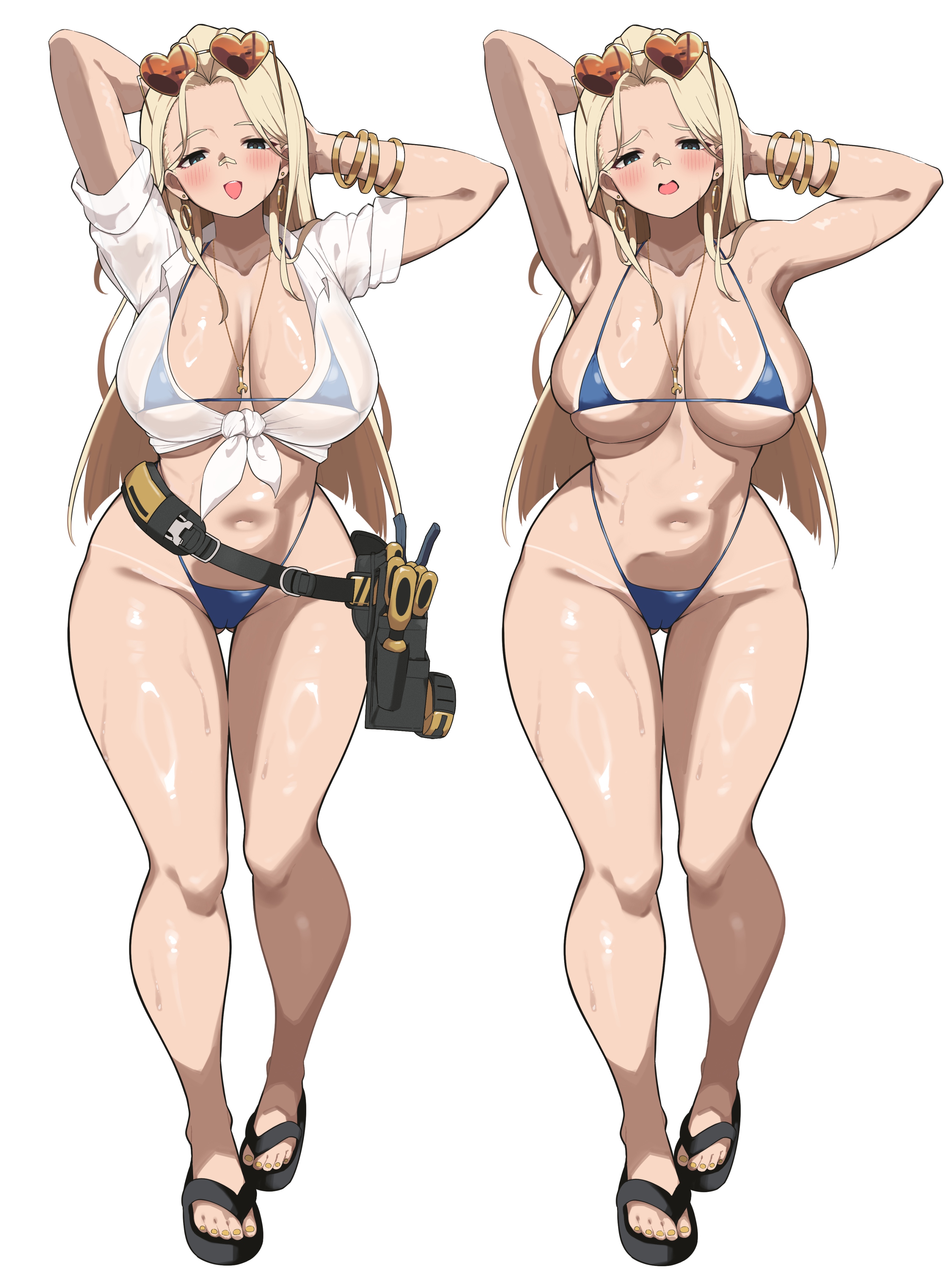 1girl absurdres bandaid bandaid_on_face bandaid_on_nose bikini blue_bikini blue_eyes blunt_ends blush bracelet breasts cameltoe centi_(nikke) centi_(ocean_repair)_(nikke) collarbone commentary_request curvy eyewear_on_head feet gluteal_fold goddess_of_victory:_nikke heart heart-shaped_eyewear highres jewelry large_breasts long_hair micro_bikini multiple_views navel neck necklace official_alternate_costume open_mouth parted_bangs partially_undressed sandals screwdriver shirt sideboob simple_background sleeves_rolled_up smile stomach sunglasses sweat swimsuit tape_measure thigh_gap thighs tied_shirt toes toolbox underboob white_background white_shirt wrench yabai_gorilla