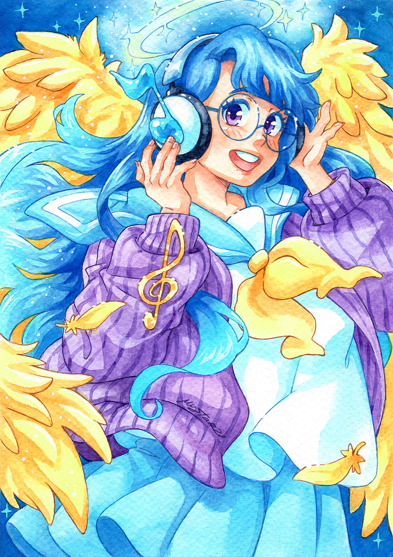 1girl artist_name blue_hair blush cardigan commentary english_commentary feathered_wings feathers halo headphones jacket leanan_sidhe_(housamo) looking_at_viewer musical_note mystar21 open_cardigan open_clothes open_mouth purple_eyes round_eyewear school_uniform smile sparkle sweater_jacket tokyo_houkago_summoners traditional_media wings
