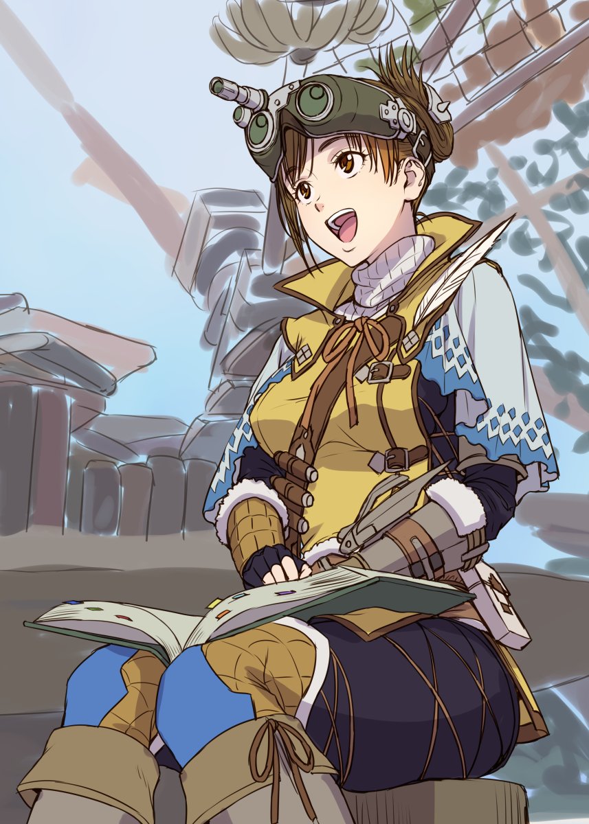1girl black_pants book brown_eyes brown_hair cowboy_shot feathers fingerless_gloves gloves goggles goggles_on_head handler_(monster_hunter_world) highres monster_hunter:_world monster_hunter_(series) nigou open_mouth pants sitting solo sweater turtleneck turtleneck_sweater updo vest yellow_vest