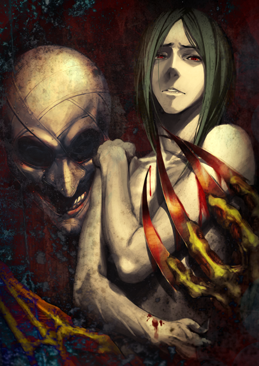 1boy ambiguous_red_liquid arms_across_body fate/grand_order fate_(series) furrowed_brow green_hair hand_on_own_shoulder horror_(theme) knife looking_at_viewer male_focus mask medium_hair official_art parted_bangs parted_lips phantom_of_the_opera_(fate) red_background red_eyes shima_udon solo teeth third-party_source topless_male unworn_mask upper_body white_mask