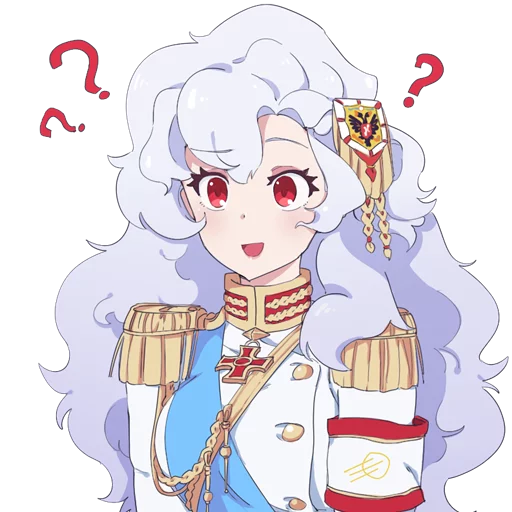 1girl ? aiguillette alpha_(alpha_1918) alpha_1918 armband blue_sash buttons collar cross cross_pendant epaulettes findoworld fluffy fluffy_hair gloves gold_buttons gold_trim hair_ornament lips long_hair looking_at_viewer military military_uniform open_mouth original red_eyes ribbon russian_empire sash solo sticker transparent transparent_background upper_body very_long_hair white_gloves white_hair