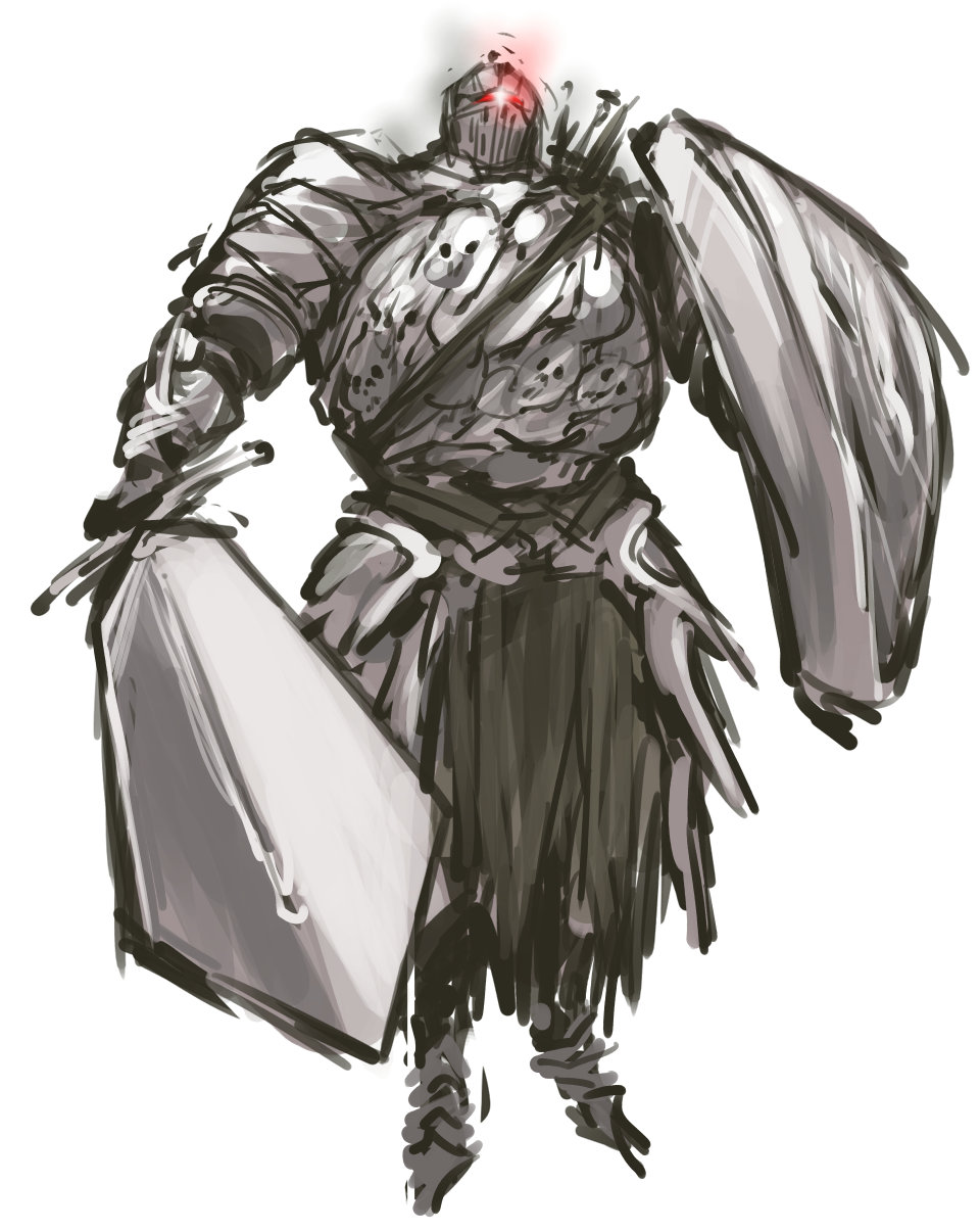 armor dark_souls_(series) dark_souls_ii full_armor glowing glowing_eyes highres holding holding_shield holding_sword holding_weapon knight looking_at_viewer nameo_(judgemasterkou) no_humans pursuer_(dark_souls) shield simple_background solo sword the_pursuer weapon white_background