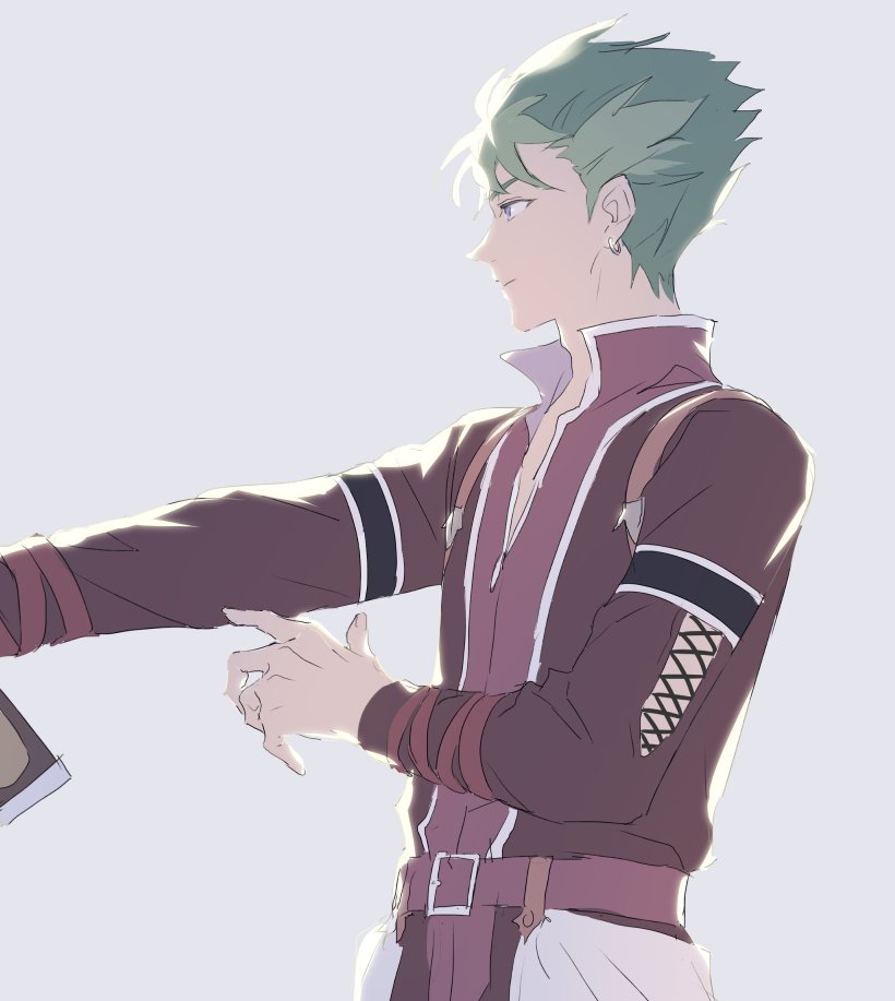 1boy blue_eyes ear_piercing eiyuu_densetsu from_side green_hair grey_background hair_slicked_back kai_no_kiseki kevin_graham kuro_no_kiseki_(series) piercing poki_(as9861164216765) short_hair simple_background solo spiked_hair upper_body