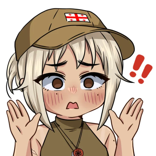 ! !! 1girl blonde_hair blush breasts brown_eyes dog_tags embarrassed empty_eyes georgian_flag green_shirt halterneck hands_up hat jewelry korzynka_persykiv medium_breasts mole necklace nika_(usergore) non-web_source open_mouth original peaked_cap ponytail russo-ukrainian_war scar scar_on_arm shirt short_hair sleeveless sleeveless_shirt solo tan transparent_background