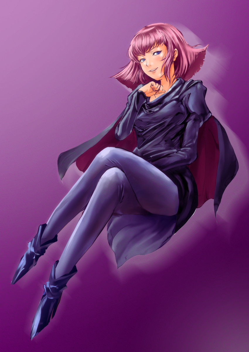 1girl blue_eyes cape female_focus goru_(cure_golgom) grin gundam gundam_zz haman_karn highres pantyhose pink_hair purple_pantyhose short_hair sitting smile solo zeta_gundam