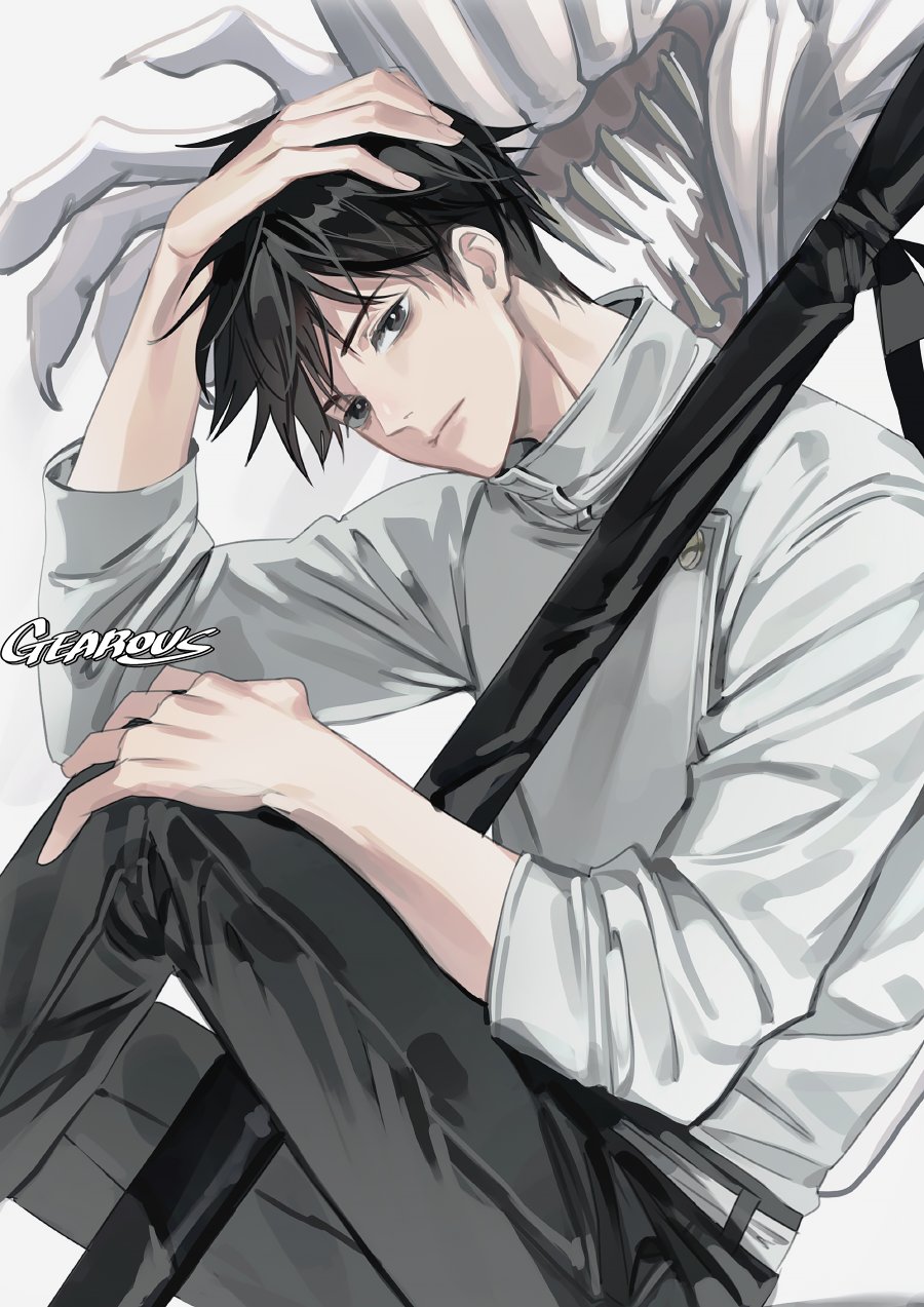 1boy 1other artist_name belt black_eyes black_hair black_pants closed_mouth gearous hand_on_own_head highres jacket jujutsu_kaisen knees_up looking_at_viewer okkotsu_yuuta orimoto_rika pants sitting solo_focus sword weapon weapon_bag white_jacket