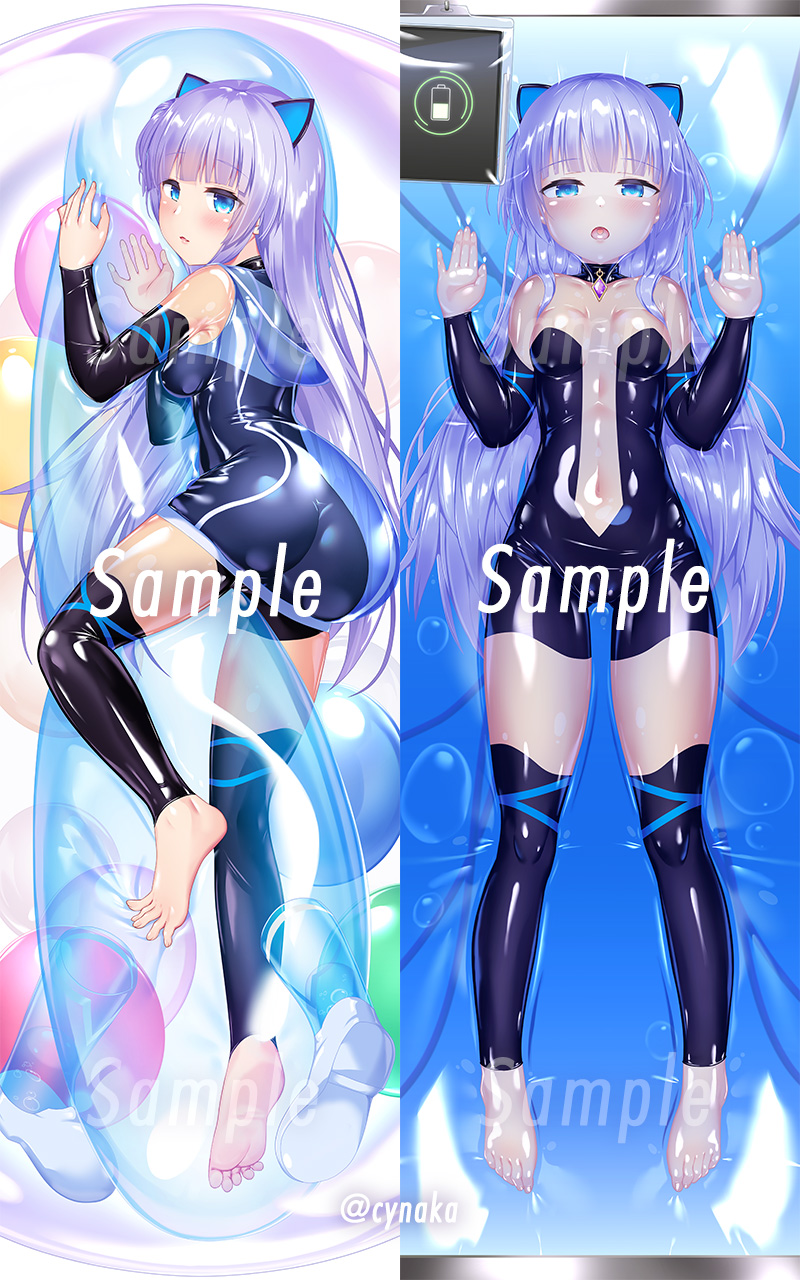 1girl animal_ears balloon black_choker black_thighhighs bodysuit cat_ears choker clothing_cutout commentary_request covered_navel dakimakura_(medium) detached_collar dress highres indie_virtual_youtuber latex latex_bodysuit latex_dress latex_legwear latex_thighhighs long_hair mitsuki_awano naka_(cheeseyeast) navel_cutout open_mouth see-through_clothes see-through_bodysuit shiny_clothes skin_tight thighhighs vacuum_bed virtual_youtuber watermark