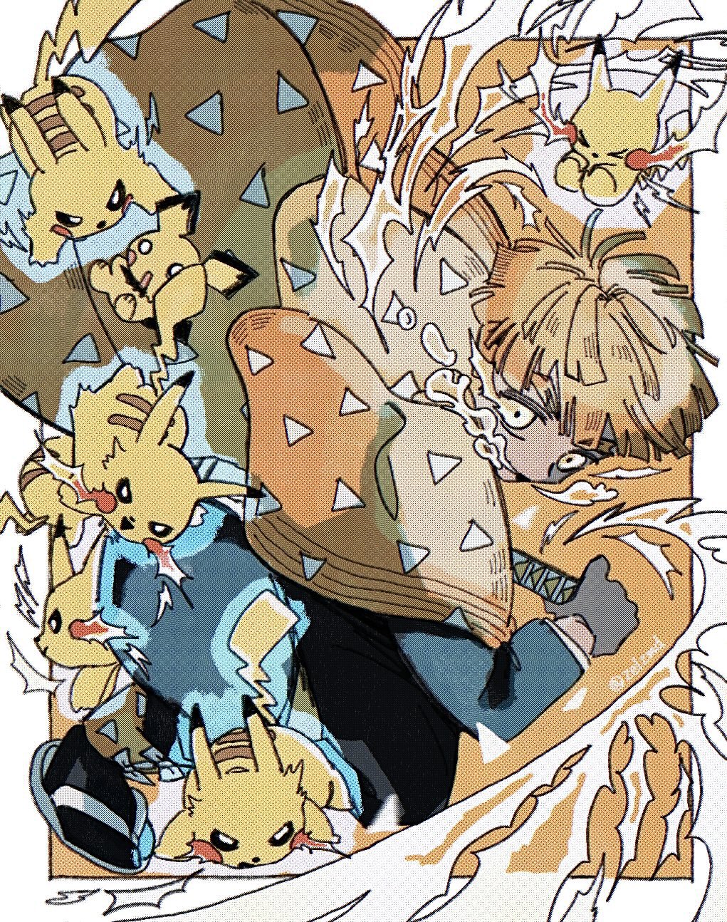 1boy agatsuma_zenitsu blonde_hair checkered_haori demon_slayer_uniform electricity gen_1_pokemon haori highres japanese_clothes kimetsu_no_yaiba nintendo pikachu pokemon pokemon_(creature) triangle_print yellow_haori zelzmd