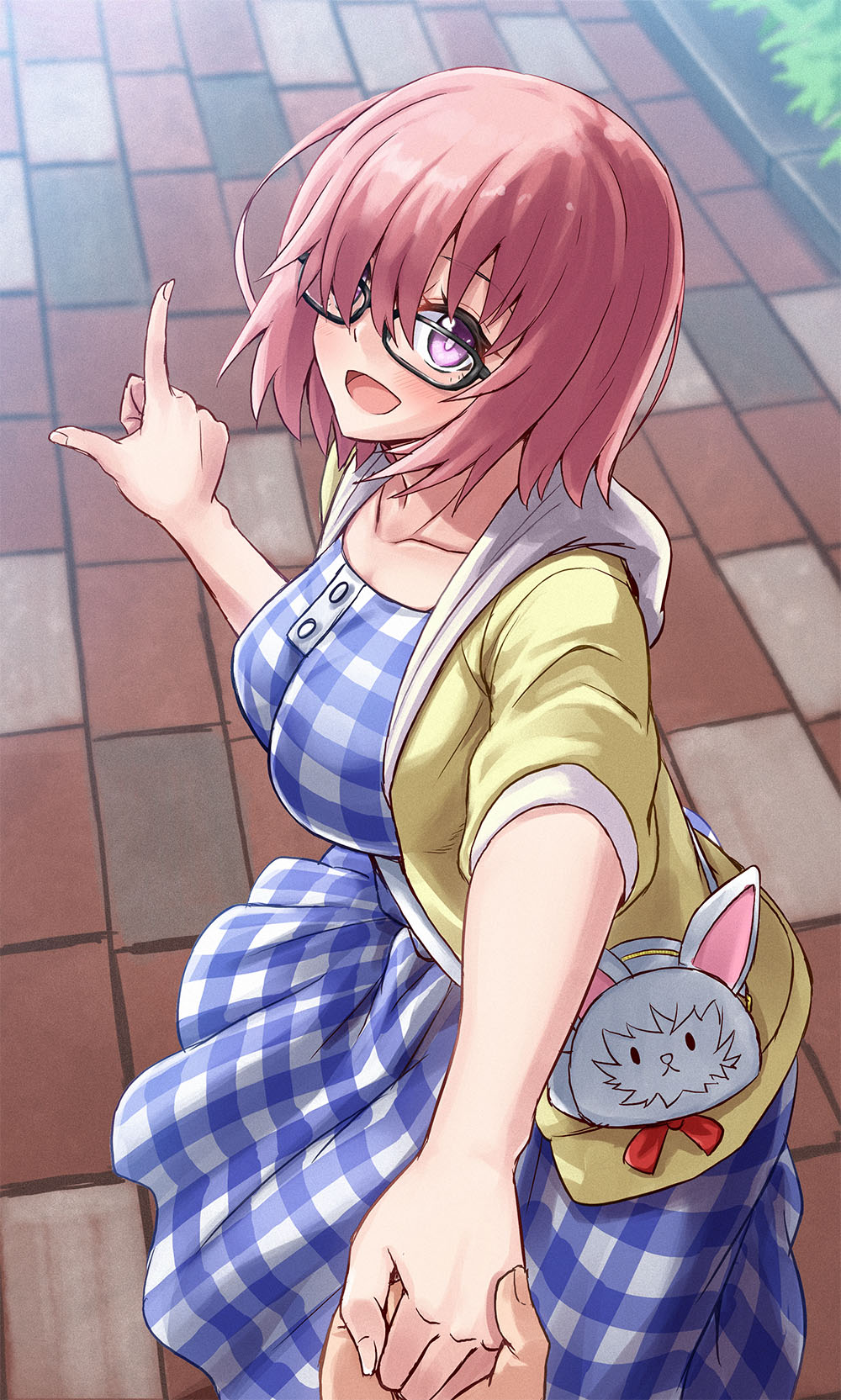 1boy 1girl asymmetrical_bangs bag blue_dress breasts casual character_bag commentary dress fate/grand_order fate_(series) fou_(fate) gingham_dress glasses hair_over_one_eye handbag highres hood hooded_jacket jacket large_breasts mash_kyrielight mash_kyrielight_(senpai_killer_outfit) official_alternate_costume open_mouth outdoors park pink_hair pointing pov pov_hands purple_eyes short_hair silent_sakia three-quarter_sleeves smile solo_focus yellow_jacket
