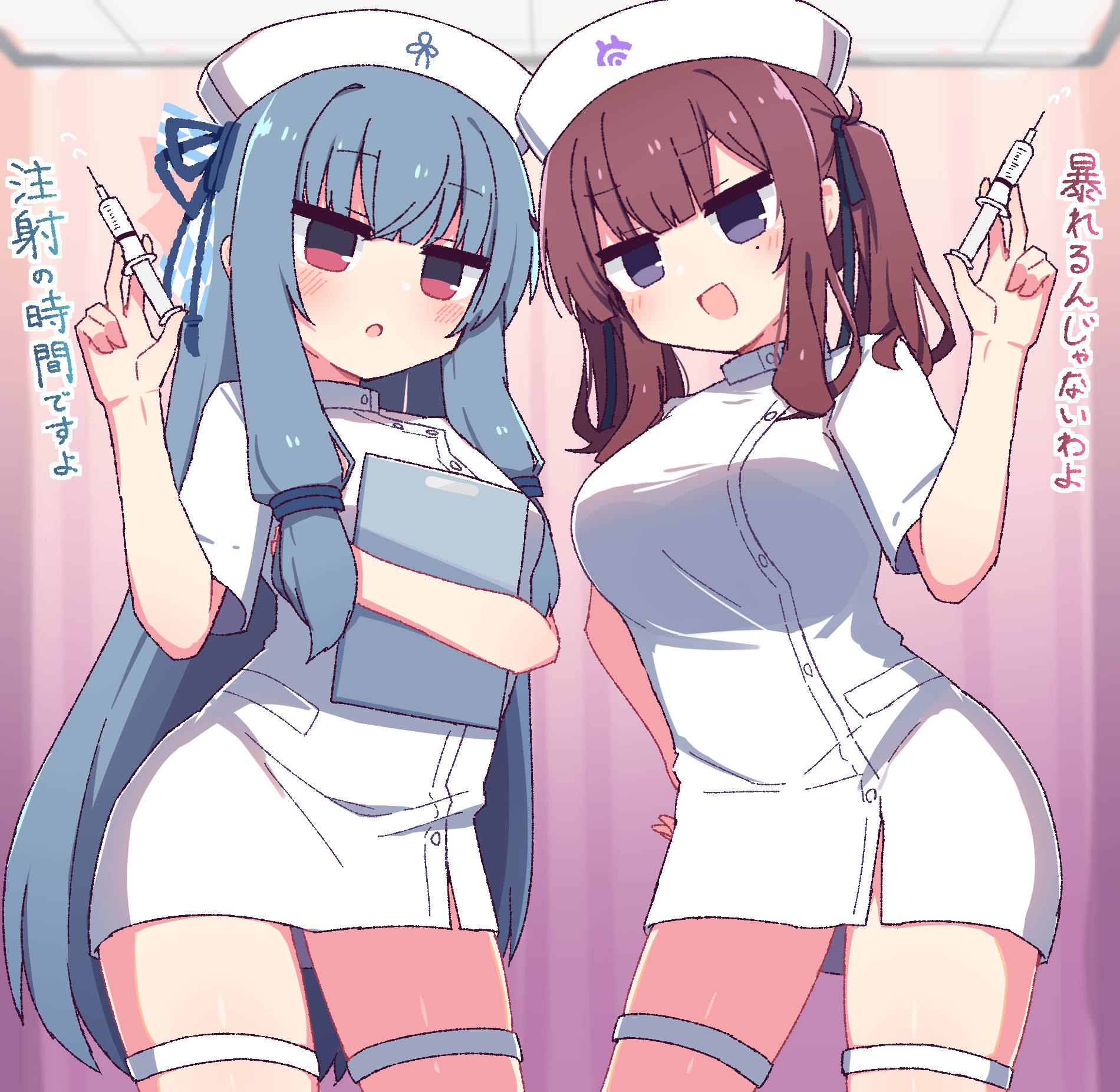 2girls :d :o black_ribbon blue_hair blue_ribbon blunt_bangs blush breasts brown_hair buttons cevio clipboard cowboy_shot dated_commentary dress hair_ribbon hand_on_own_hip hand_up hat hibino_000 highres holding holding_clipboard holding_syringe kotonoha_aoi large_breasts long_hair looking_at_viewer multiple_girls natsuki_karin nurse nurse_cap open_mouth parted_bangs purple_eyes red_eyes ribbon short_dress short_hair short_sleeves sidelocks smile synthesizer_v syringe translation_request two_side_up voiceroid white_dress white_hat