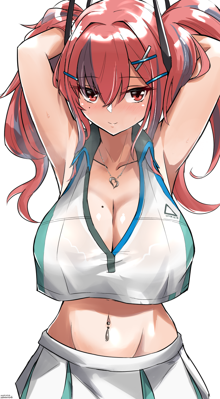 1girl armpits arms_behind_head arms_up azur_lane bad_id bad_pixiv_id blush bra breasts bremerton_(azur_lane) bremerton_(scorching-hot_training)_(azur_lane) cleavage commentary_request cowboy_shot crop_top crop_top_overhang female_focus grey_hair hair_between_eyes hair_ornament hairclip highres large_breasts light_smile long_eyelashes long_hair looking_at_viewer midriff mole mole_on_breast multicolored_hair navel navel_piercing niceratus_kiotensis piercing pink_hair shirt sleeveless sleeveless_shirt smile solo sportswear steam streaked_hair tennis_uniform twintails two-tone_shirt underwear