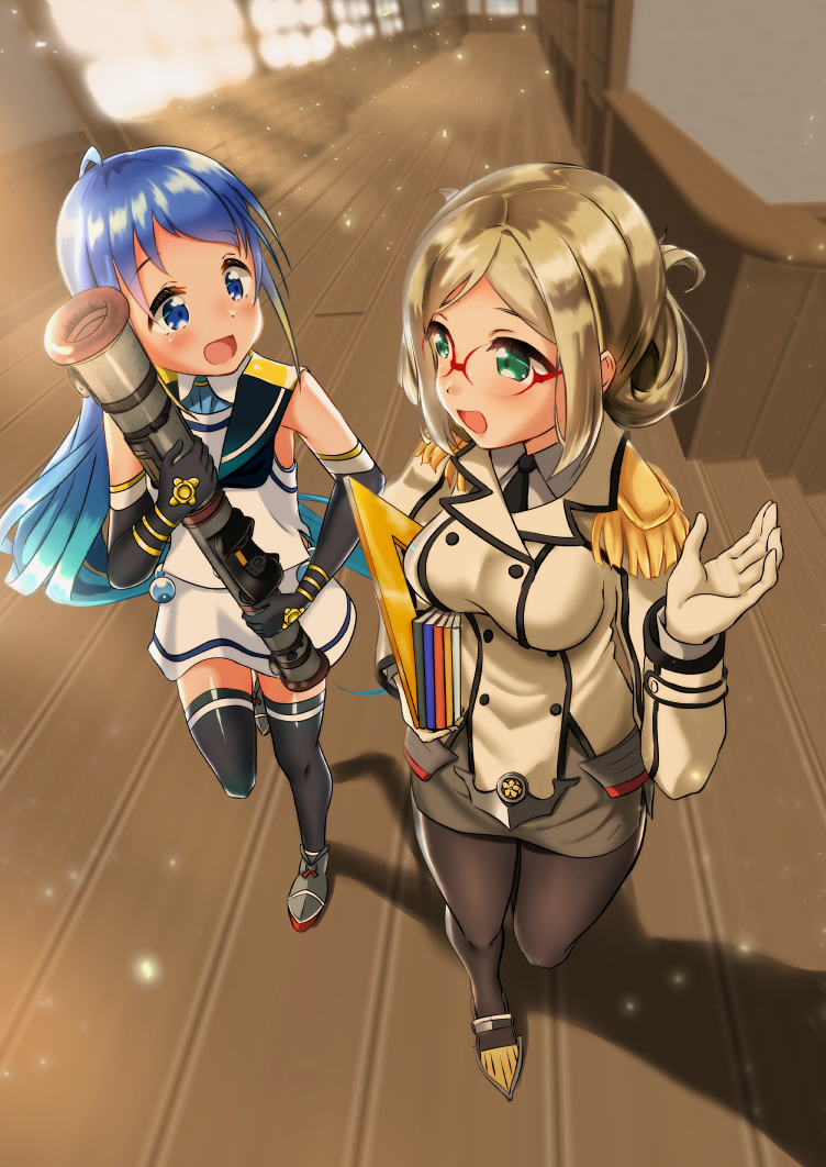 2girls black_skirt blonde_hair blue_eyes blue_gloves blue_hair blurry blurry_background blush breasts buttons collared_shirt commentary_request commission double-breasted elbow_gloves epaulettes folded_ponytail glasses gloves gradient_hair green_eyes hair_between_eyes high_heels holding indoors jacket kantai_collection katori_(kancolle) leg_up light_particles long_hair long_sleeves looking_at_another medium_breasts multicolored_hair multiple_girls necktie open_mouth pantyhose parted_bangs pencil_skirt pixiv_commission range_finder sailor_collar samidare_(kancolle) shirt skirt sleeveless sleeveless_shirt swept_bangs thighhighs very_long_hair walking white_gloves white_shirt white_skirt wooden_floor yokoshima_(euphoria) zettai_ryouiki