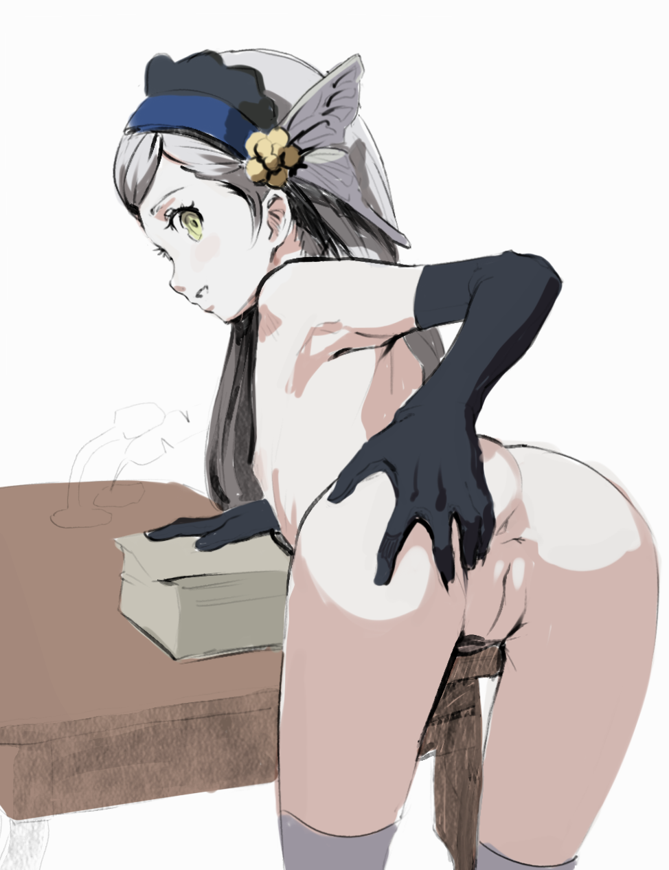 1girl ass bent_over black_gloves bloomers breasts butterchalk closed_mouth completely_nude female_focus gloves grey_hair highres lavenza_(persona_5) loli long_hair nipples nude persona persona_5 persona_5_the_royal pussy small_breasts spreading_own_ass thighhighs uncensored underwear white_background white_gloves white_thighhighs yellow_eyes